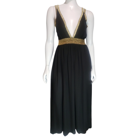 CQ BY CQ BLACK & GOLD Trim WOMEN'S SIZE Medium MAXI DRESS Strappy Lined #C - Picture 3 of 11